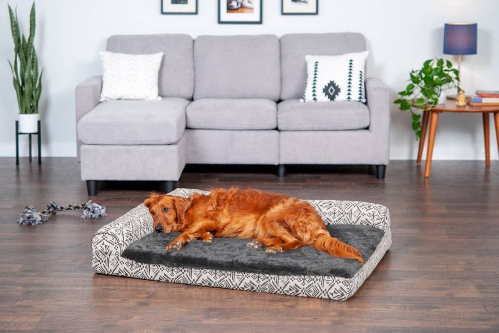 Dog with his FurHaven Southwest Kilim Cooling Gel Deluxe Chaise Dog & Cat Bed