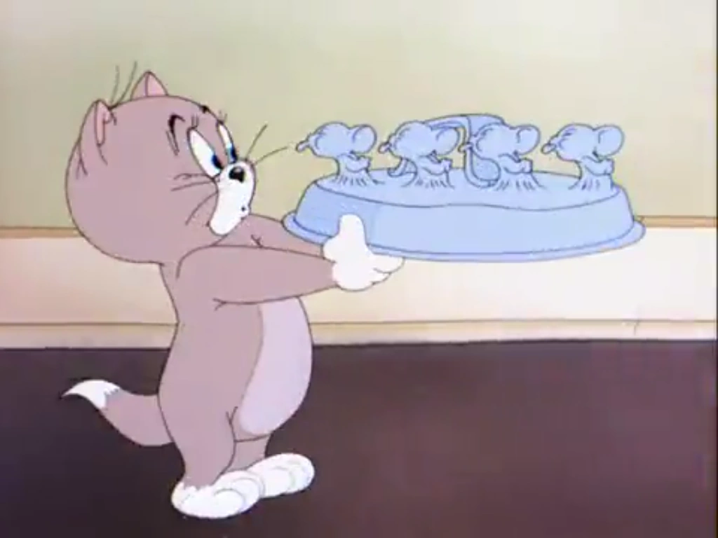Tosy from Tom and Jerry holding a plate with jerry siluettes