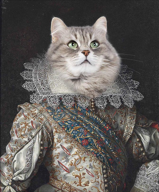 cat portrait on vintage costume