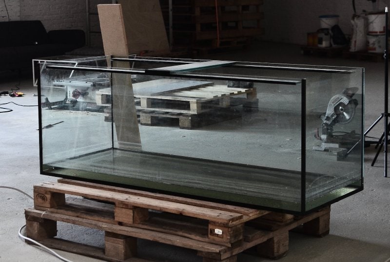 empty diy aquarium on wood pallets