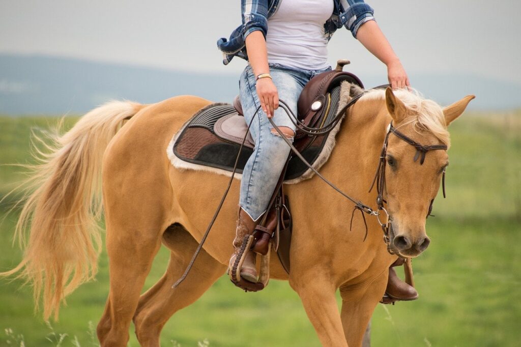 woman riding in a palomino horse